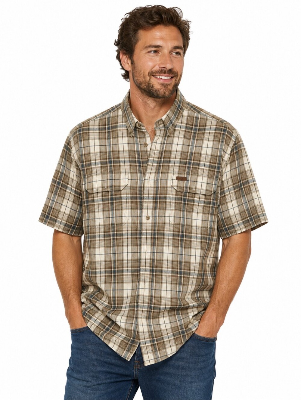 RedHead Plaid Short Sleeve Button Front Shirt Men’s XL Brown Tan Blue 100% Cotto